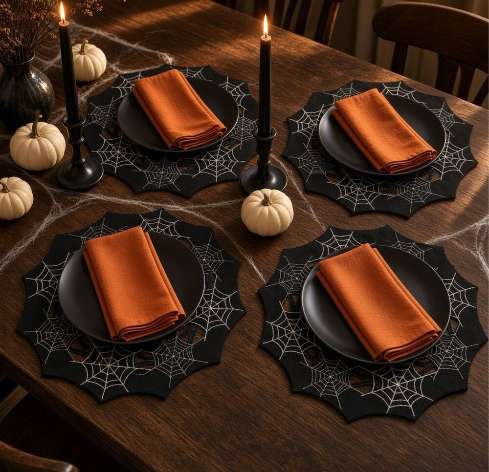 Black Spiderweb Cutwork Halloween Placemats Round Gothic Table Decor set of 4